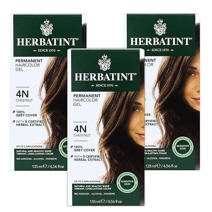 Herbatint Permanent Haircolor Gel, 4N Chestnut, 100% Grey 4.56 oz (3 Pack)