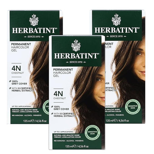 Herbatint Permanent Haircolor Gel, 4N Chestnut, 100% Grey 4.56 oz (3 Pack)