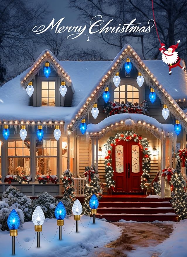 Moonflor Strawberry Jumbo C9 Christmas Pathway Lights Outdoor - 2Pack Total 17FT 10 LED C9 Walkway Light, Christmas Decoration Outside,Christmas Lights Outdoor for Lawn Yard Holiday, Blue & Pure White