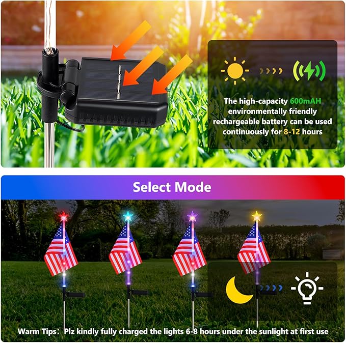 4PCS American Flag Lights 4th of July Solar Patriotic Lawn Light, Garden Stake Light LED Landscape Light Pathway Light for Independence Day Memorial Day Decor(Color Changing-Star)