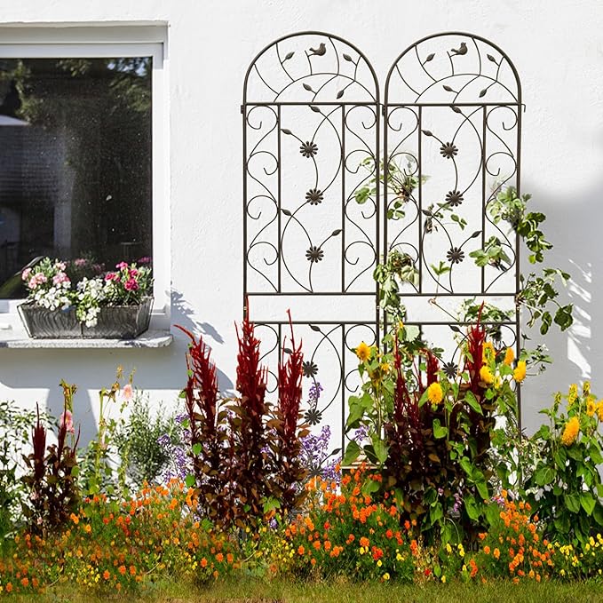 Metal Garden Trellis Rustproof Trellis for Climbing Plants Outdoor Flower Support Bird Deco (Brown-4 Pack, 86.7"x19.7")