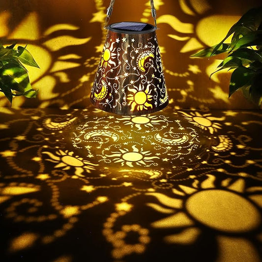 Toodour Solar Lantern Outdoor, Upgrade Hanging Solar Lights Garden Decor, Waterproof Hollow Out Retro Metal Sun & Moon Decorative Lights for Patio, Balcony, Yard, Walkway
