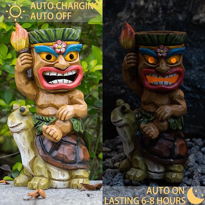 Solar Tiki Statue Light-Garden Turtles Outdoor Decor - Tiki Man Riding Turtle with Tiki Torch Solar Light for Tiki Bar Decorations, Patio, Balcony, Yard,Lawn,Gifts