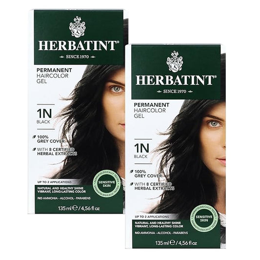 Herbatint Permanent Haircolor Gel, 1N Black, 100% Grey 4.56 oz (2 Pack)