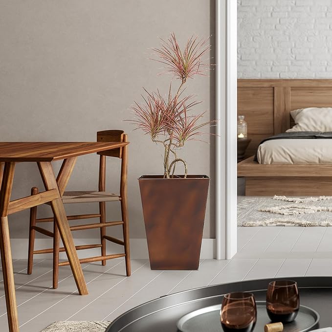 Worth Garden 14" Dia x 18" H Large Metal Floor Planter Set of 2, Matte Bronze Retro Finish Tall Square Tapered Steel Plant Pots, Decor Flower Pot Indoor & Outdoor, Drainage Hole