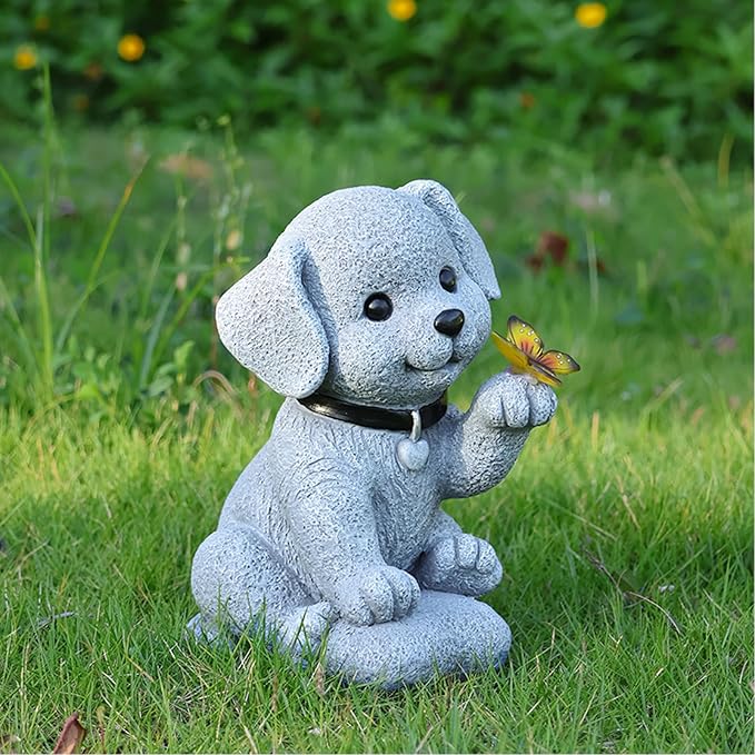 Solar Dog Outdoor Statues Garden Decor with Butterfly LED Lights Dog Statues for Patio Balcony Yard Lawn Ornament, Birthday Mother Day Gardening Gifts for Mom Grandma Women
