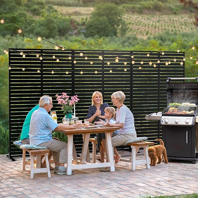 FENCY Metal Privacy Screen with Stand 72" H×44" W Outdoor Freestanding Privacy Panels, Outdoor Privacy Screen for Deck Patio Balcony(Black-Louvered)