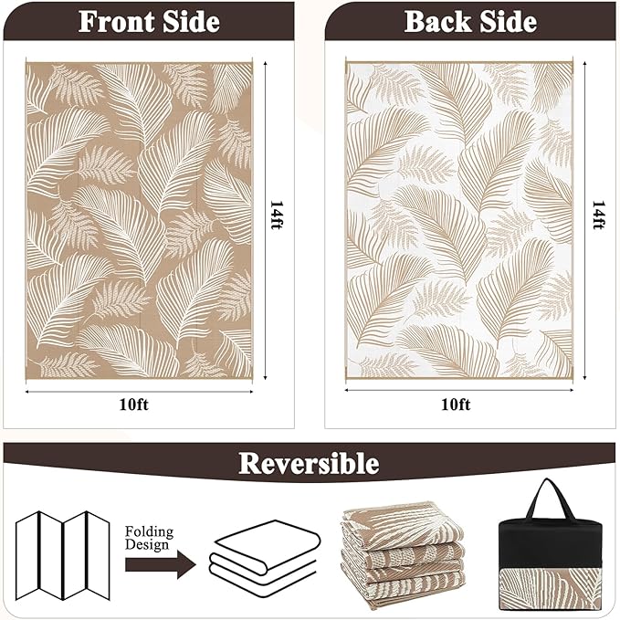 Pauwer Waterproof Outdoor Rug 10x14, Reversible Plastic Straw Patio Camping Rug, Indoor Outdoor RV Mat Carpet for Deck, Camper, Porch, Balcony, Backyard, Picnic, Leaf Brown