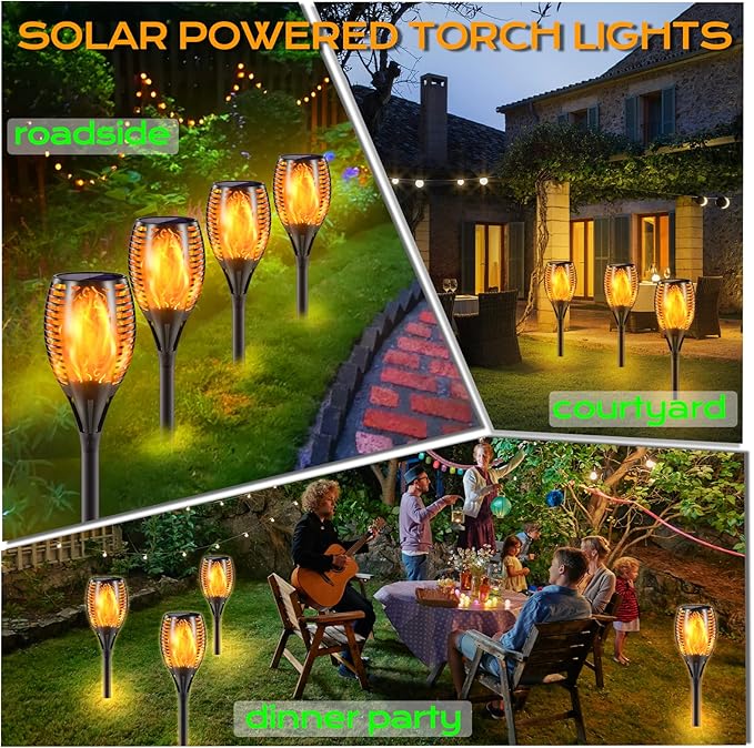 Upgraded Larger Solar Torch Lights, 43" Flickering Flame Solar Lights, Waterproof Outdoor Solar Landscape Decoration Lighting 96 LED Auto On/Off Garden Patio Yard Pathway,Black 4 Pack (4)
