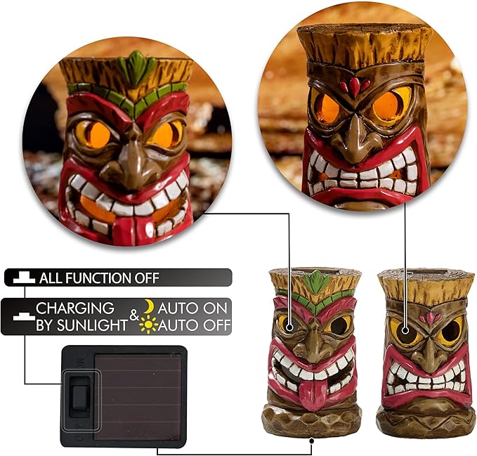 TERESA'S COLLECTIONS Tiki Head Garden Decor with Solar Outdoor Light, Set of 2 Tropical Hawaiian Tiki Torch Resin Christmas Decorations Garden Sculptures & Statues Yard Decor Thanksgiving Gifts 6"