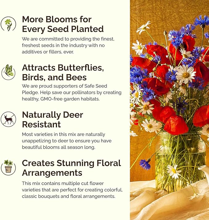 Eden Brothers Connecticut Wildflower Mixed Seeds for Planting, 1/4 lb, 120,000+ Seeds with Cornflower, Cosmos | Attracts Pollinators, Plant in Spring or Fall, Zones