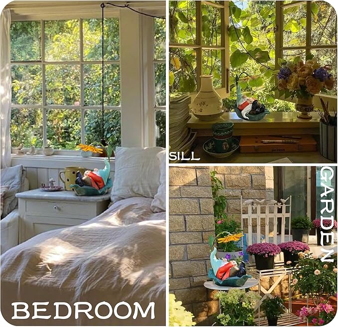 Solar Powered Gnome Garden Statue - Resin Gnome on Green Leaf with Large Yellow Stamen Sunshade, LED Lights Decorations, for Women Men, Outdoor Decor Ornaments for Outside