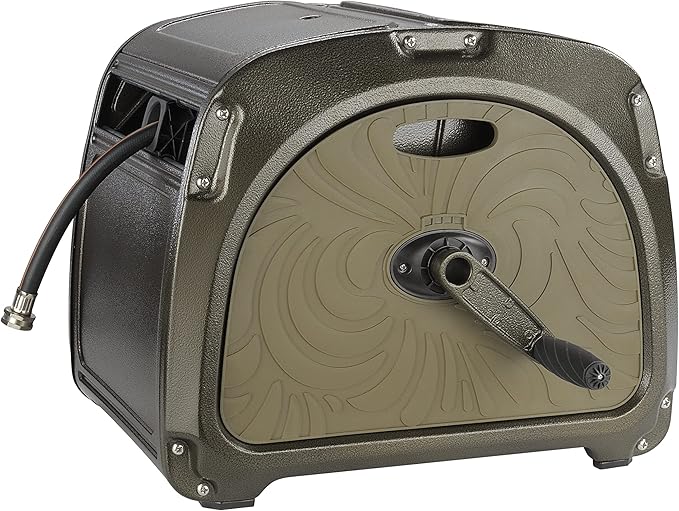 Giraffe Tools SW5-100ft Metal Hose Reel Box, 100 ft Rubber Hose Garden Hose Storage Heavy Duty Reel Hideaway, Crank Handle, 100ft 5/8" Hose, Green