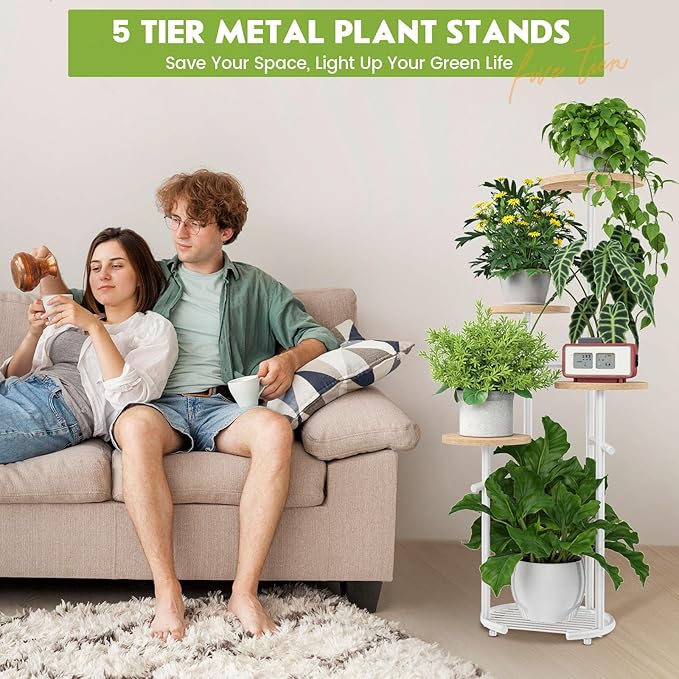 TOSKING 5 Tier Metal Plant Stand Indoor， Plant Shelf, Corner Shelf Flower Pot Stand for Outdoor Plant Stand for Living Room Balcony Garden Patio Bedroom (White and Wood, 42in)