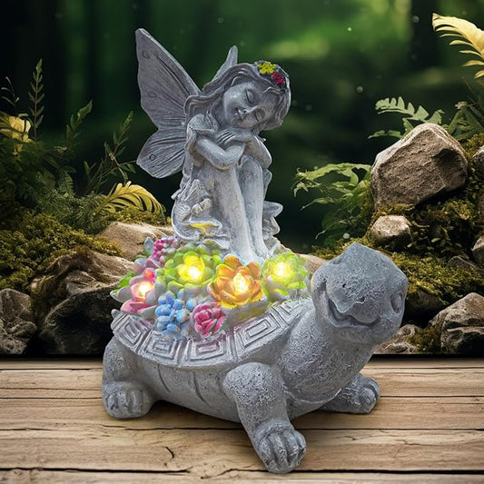 Solar Garden Statue Angel and Turtle,Figurines Outdoor Decor,Outdoor Solar Statue with LED Lights for Yard,Patio,Lawn Art Decoration,Housewarming Gift