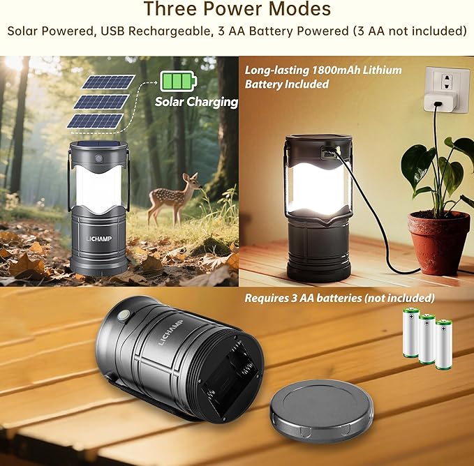 Lichamp 2-Pack Solar Camping Lantern, USB Rechargeable LED Lanterns Battery Powered Pop Up Flashlight Lamps with Three Modes Power for Power Outages Hurricane Supplies Emergency Indoor & Outdoor
