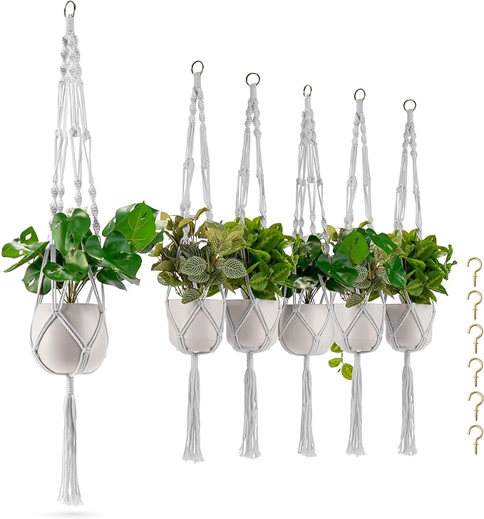 Sorbus Macrame Plant Hanger (6 Pack) Indoor Outdoor Hanging Plant Pots Cotton Rope, Elegant for Home, Patio, Garden (White)