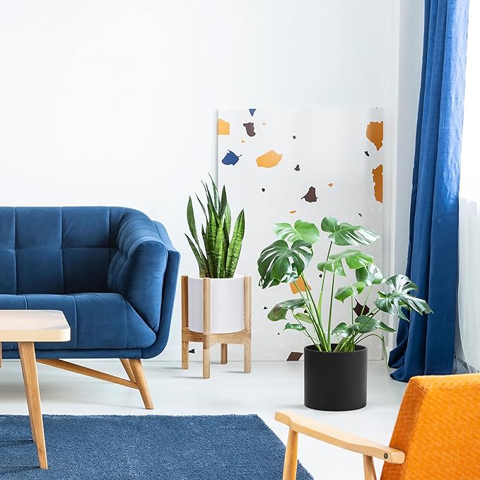 D'vine Dev Planter Pot with Stand - 8 Inch Plastic Cylinder Flower Pot with Wood Planter Holder for Indoor, Matte White Pot + Natural Stand, 55-C-J-1