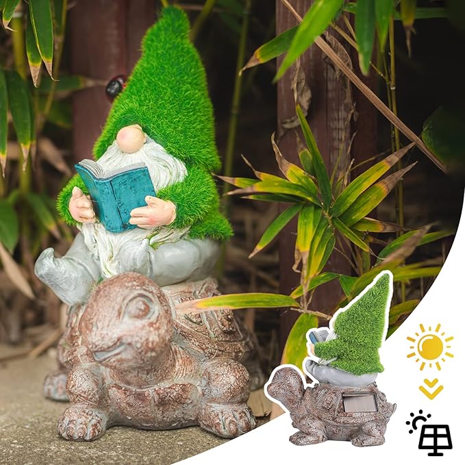 Garden Gnome Sitting on Turtle Outdoor Statues and Sculpture with Solar Lights, Garden Gnome Solar Statues and Turtle Figurines for Patio Yard Lawn Porch Decorations