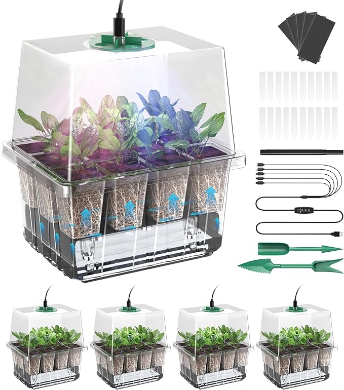 Seed Starter Tray, 60-Cells Seedling Starter Trays with Grow Light, Self-Watering Seed Germination Kit for Indoor Gardening Seed Starting (5 Pack, Clear Base)