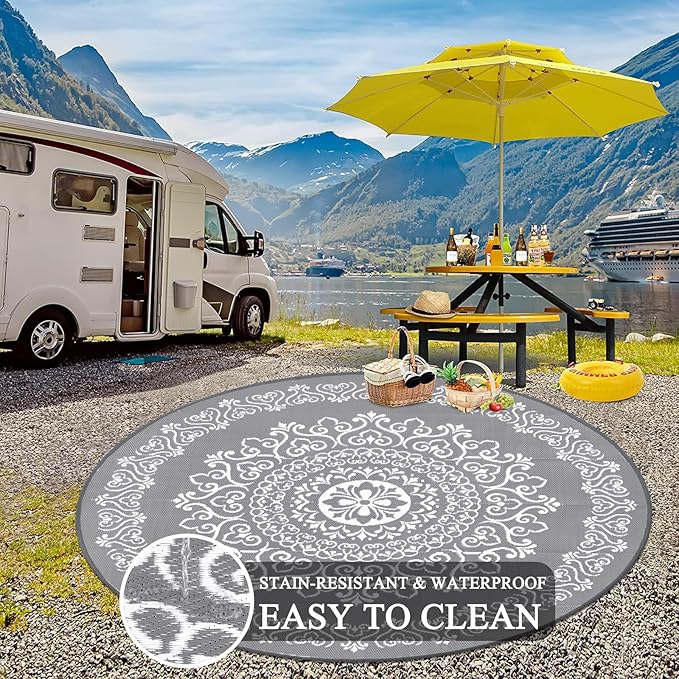 Pauwer Waterproof Outdoor Rug 8ft, Reversible Plastic Straw Patio Camping Rug, Indoor Outdoor RV Mat Carpet for Deck, Camper, Porch, Balcony, Backyard, Picnic, Floral Grey