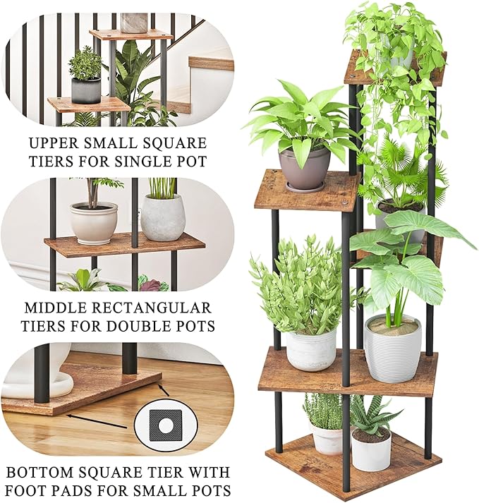 Plant Stand Indoor 5-Tier Metal Wood Plant Shelf for Multiple Flower Pots Corner Tall Flower Holders for Living Room Balcony Bedroom, Brown