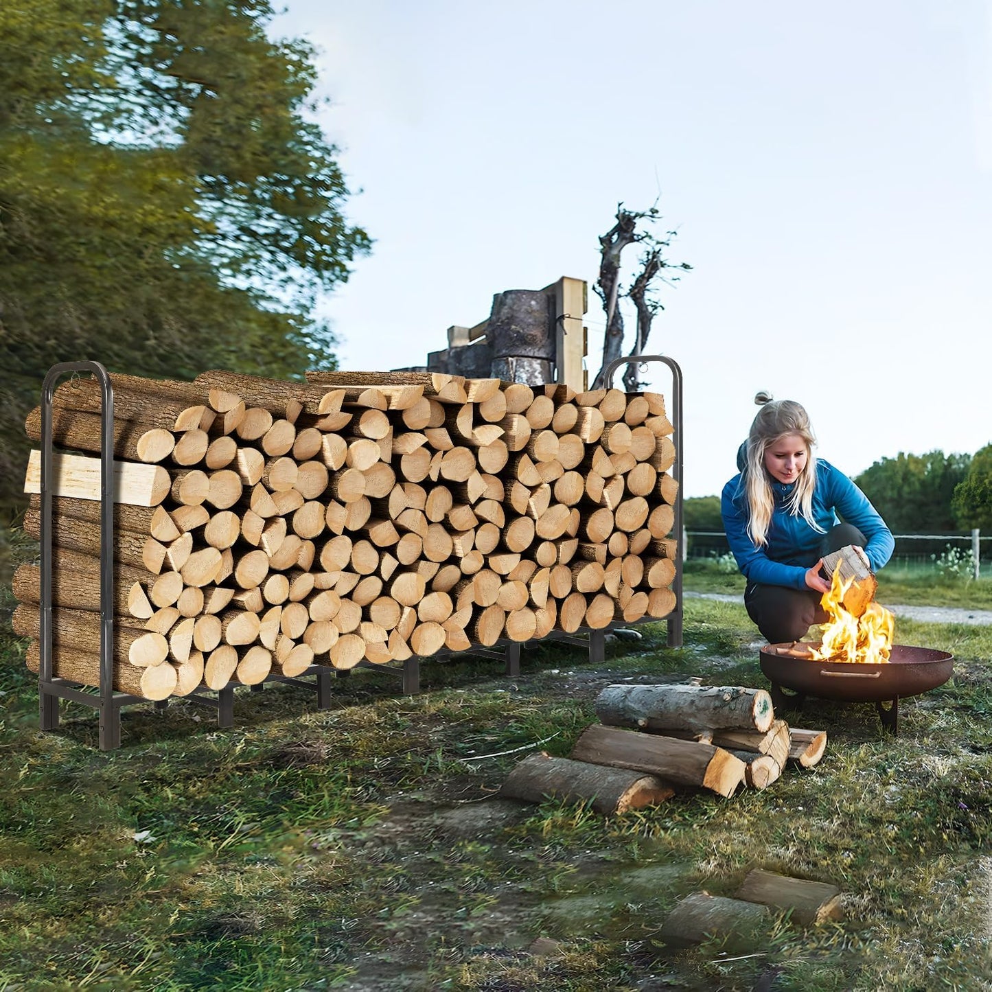 8FT Firewood Rack Holder,Heavy Duty Firewood Storage Log Rack for Outdoor&Indoor,Fireplace Wood Rack for Wood Storage