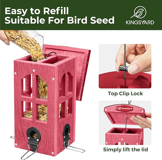 Kingsyard Upgraded Rainproof Bird Feeder for Outdoor Hanging - Metal Feeding Port, Recycled Plastic Wild Bird Feeder with Metal Mesh Tray for Goldfinch Small Bird, Garden Yard Decoration, Red