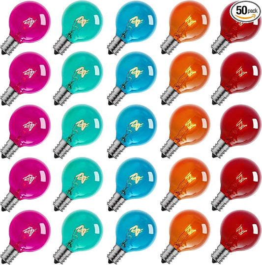 Brightown 50 Pack G40 Colorful Incandescent Bulb, Vintage Globe Replacement Light Bulb for Christmas Lights, 5 Watt E12 C7 Candelabra Base for Patio Yard Garden Holiday Xmas Decoration