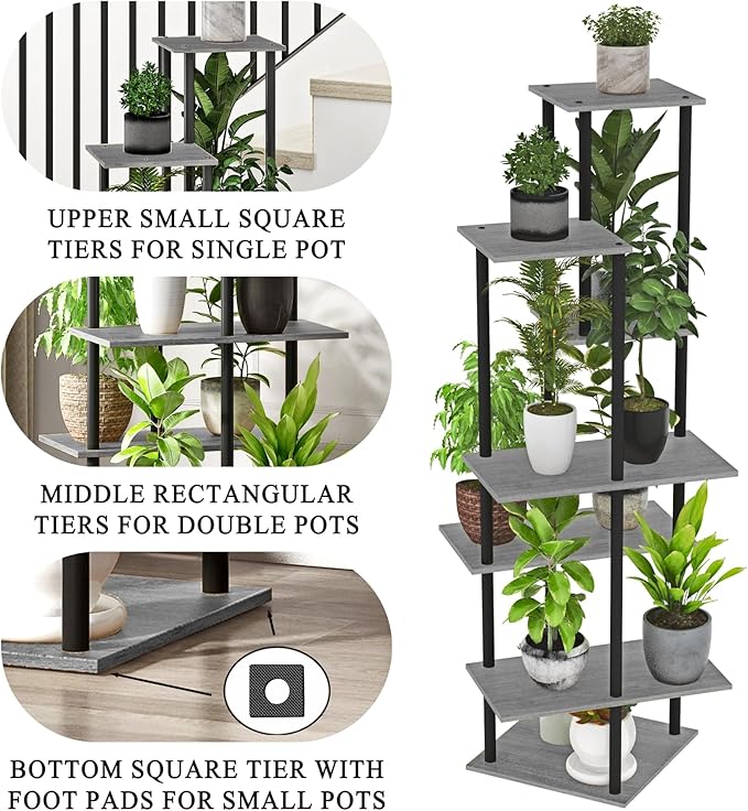 Plant Stand Indoor 7-Tier Metal Wood Plant Shelf for Multiple Flower Pots Corner Tall Flower Holders for Living Room Balcony Bedroom, Oak Grey