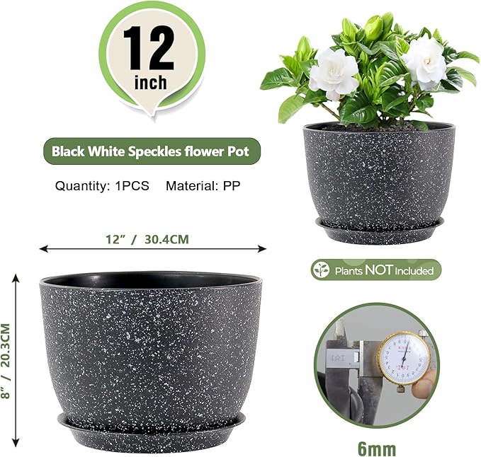 12 inch Big Plant Pots, Plastic Planters with Drainage Holes and Trays, Large Flower Pots for Indoor Outdoor Plants, Modern Decorative Pots for Garden House Plants, Speckled Black
