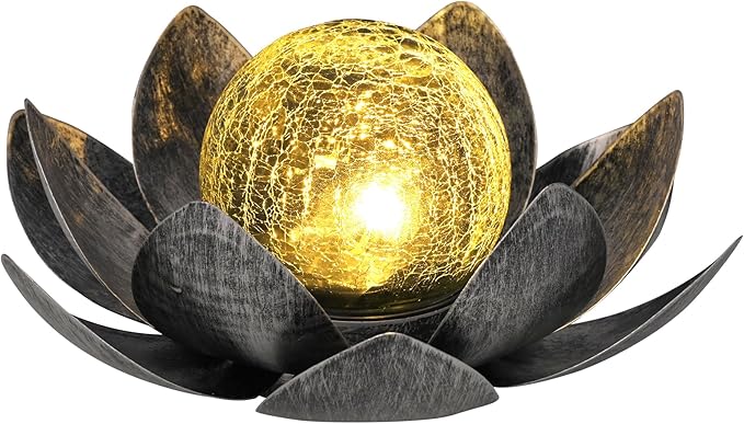 GIGALUMI Solar Light Outdoor Garden Decor, Lotus Flower Light Crackle Globe Glass Lantern Outdoor Table Decor Waterproof for Patio, Lawn, Pathway, Pool, Pond (Grey Petal)