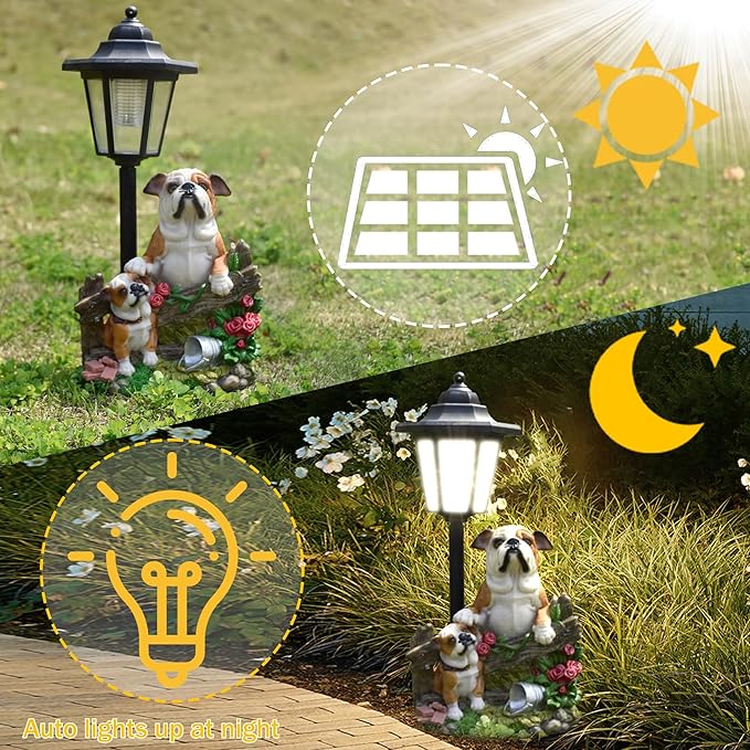 Solar Garden Outdoor Decor Statues Country Farm Bulldogs with Light,Outside-Outdoor Decorations Sculptures for Patio Yard Lawn Walkway Ornaments Clearance Gifts for Mom Grandma Birthday