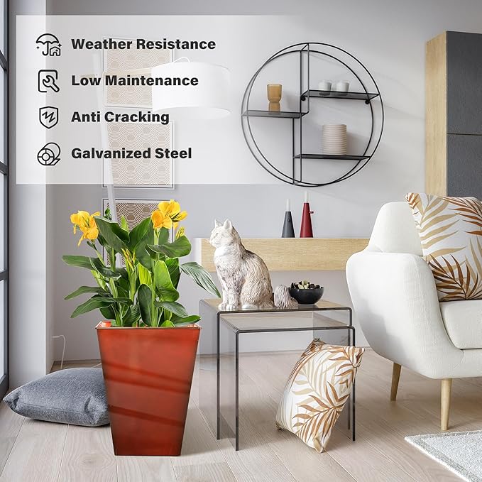 KOL 18''H. Bright Glazed Planter with Drainage Hole, Set of 2, Galvanized Steel Planter Pots for Indoor & Outdoor Use, Decorative Flower Plant Pots for Front Porch, Patio, Deck - Reddish Brown