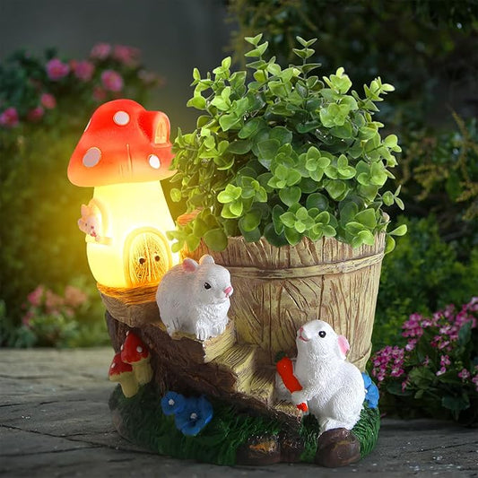 Garden Rabbit Statue,Resin Rabbit Figurine with Solar LED Light,Flower Pots Planters Pots for Succulent,Bunny Statue for Patio Balcony Yard Lawn Decor,Unique Gift for Dad Mom Grandma