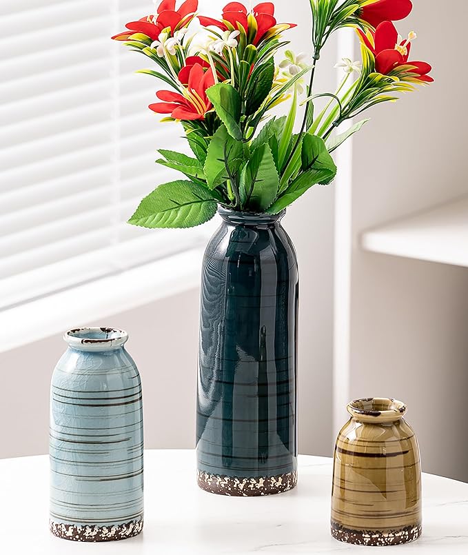 Ceramic Vase Set of 3, Farmhouse Decorative Vase for Pampas Grass, Living Room, Bathroom,Bookshelf, Centerpieces (Blue/Navy Blue/Yellow)
