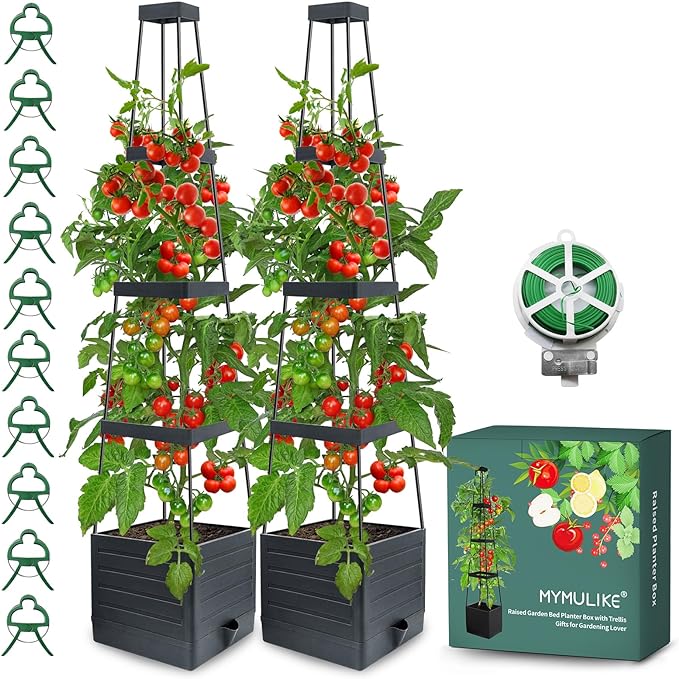 Raised Garden Bed Planter Box with Trellis, 58” Tomato Cage Planter Raised Garden Bed with Trellis for Climbing Vegetables Plants Tomato Cage w/Self-Watering, Indoor Outdoor Use (2)