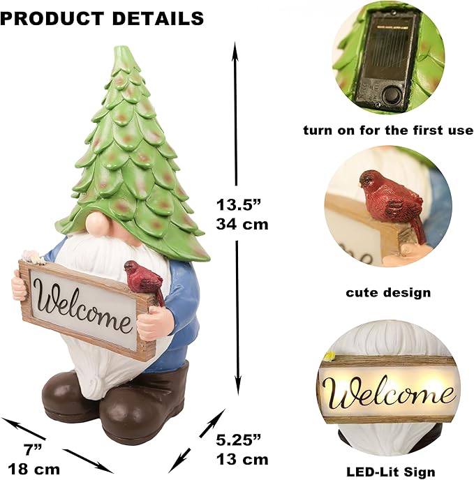 Garden Gnome Statue with Solar Lights, 13.5” Welcome Sign Gnome Outdoor Decor for Yard Lawn Patio, Funny Resin Gnome Sculptures, Gifts for Women Mom Grandma,Garden Decor Ornament