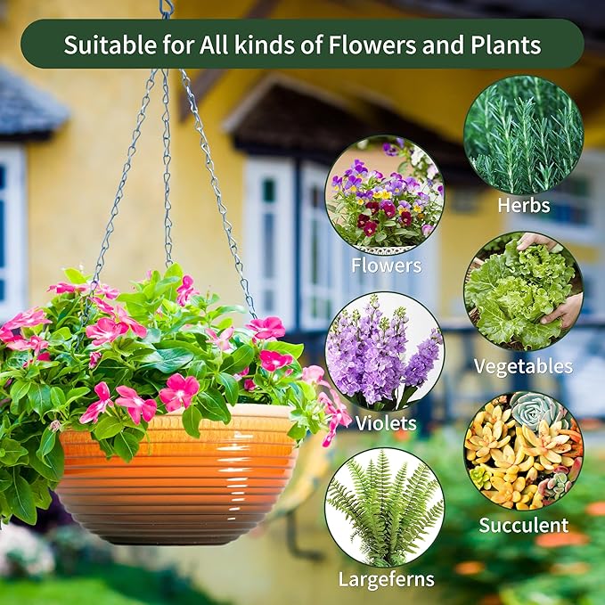 12 inch Hanging Planters for Indoor Outdoor Plants, 2 Pack Large Hanging Flower Pots with Drainage Holes and Chain, Glazed Hanging Baskets for Home Garden Decoration, Orange