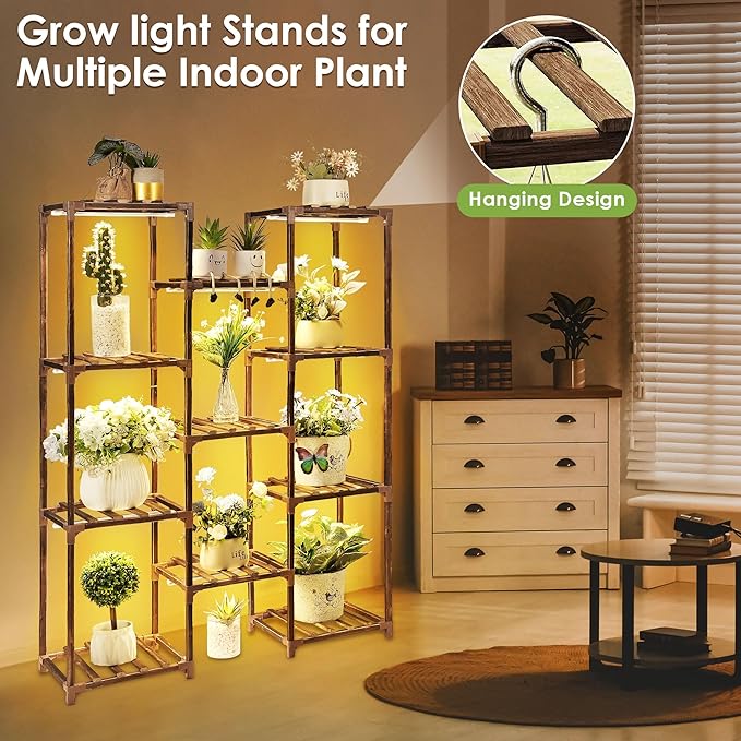 Plant Stand with Grow Lights Indoor, 11 Tiers Shape Plant Shelf with Light Full Spectrum Led Grow Light, Timer Function and Brightness Adjustment, Wood Plant Stand Indoor for Corner Living Room
