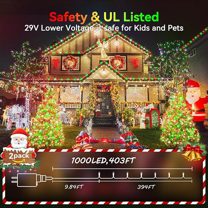 Hezbjiti 2 Pack 1000 LED 403 FT Christmas String Lights Outdoor, 8 Lighting Modes IP44 Waterproof Fairy Lights with Timer and Dimmable Function for Party Tree Decorations (Red+Green, Clear Wire)