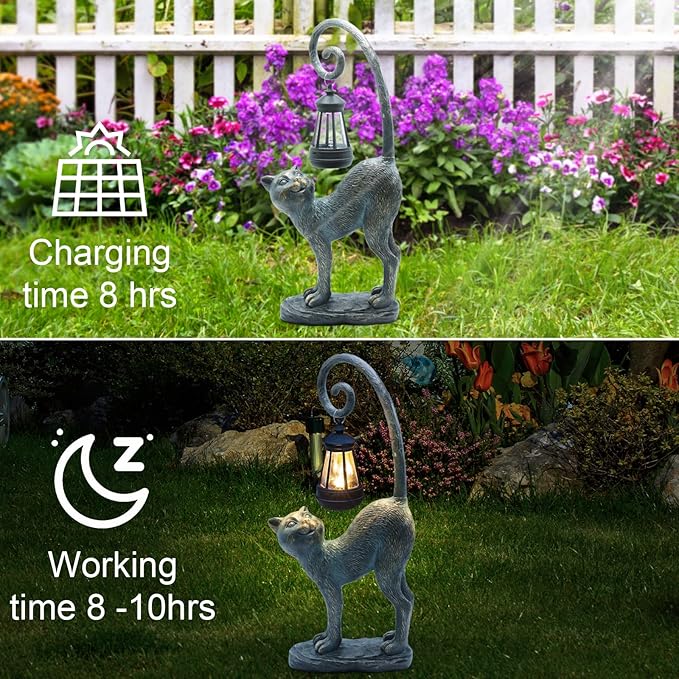 Resin Cat Statue with Solar Lantern, Eye-catching Garden Sculpture Decor，15.3" Height Outdoor Figurine for Garden Yard Patio Decorations，Birthday Gifts