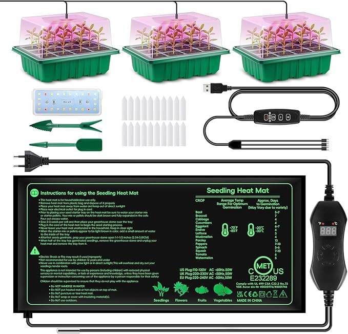 Verdenu Seed Starter Tray with Grow Lights and Temperature Control Heat Mat, 3 Pack 36-Cell Seedling Starter Kit with Humidity Dome, 3 Lighting Mode, Reusable Seed Germination Kit for Indoor Plant