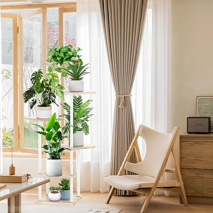 6 Tier Wood Tall Plant Stand Metal Rack Indoor, Multiple Flower Pot Holder Shelves Corner Rack, Planter Shelf Display Rack Storage Organizer for Patio Living Room Balcony Garden(White Oak)