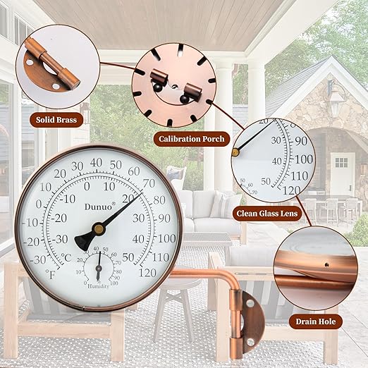 4-Inch Copper Outdoor Thermometer - Analog Temperature Gauge for Patio, Greenhouse and Garage. Decorative, Weather-Resistant, Solid Brass Swivel Design (4inch Thermo&Hygrometer)