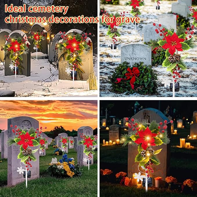 4 Pack Solar Christmas Decorations Outdoor, 32 Inch Solar Christmas Cross Stake Lights, Waterproof Grave Decorations with Poinsettia Flower Pinecones Red Berries for Garden Yard Patio Lawn Cemetery