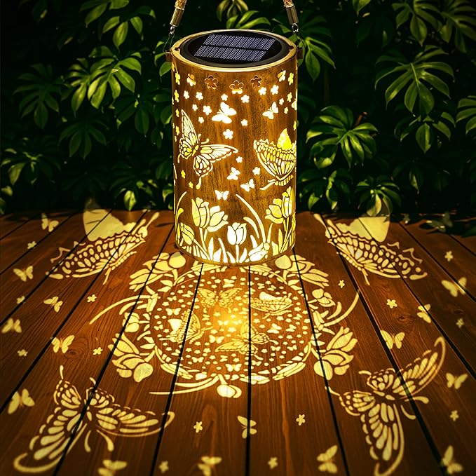 Toodour Solar Lantern Outdoor, Butterfly Gifts for Mom Grandma Women Hanging Solar Outdoor Lights Waterproof, Hollow Out Retro Metal Butterfly Lights for Patio, Balcony, Walkway, Yard Decorations
