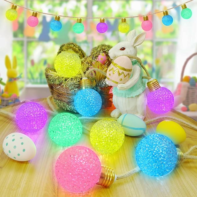 Toodour Easter Pastel Lights, 26Ft 16 LED Indoor String Lights with 8 Modes, Vintage Rope Hemp Globe String Lights for Home, Holiday, Indoor Outdoor Easter Decor