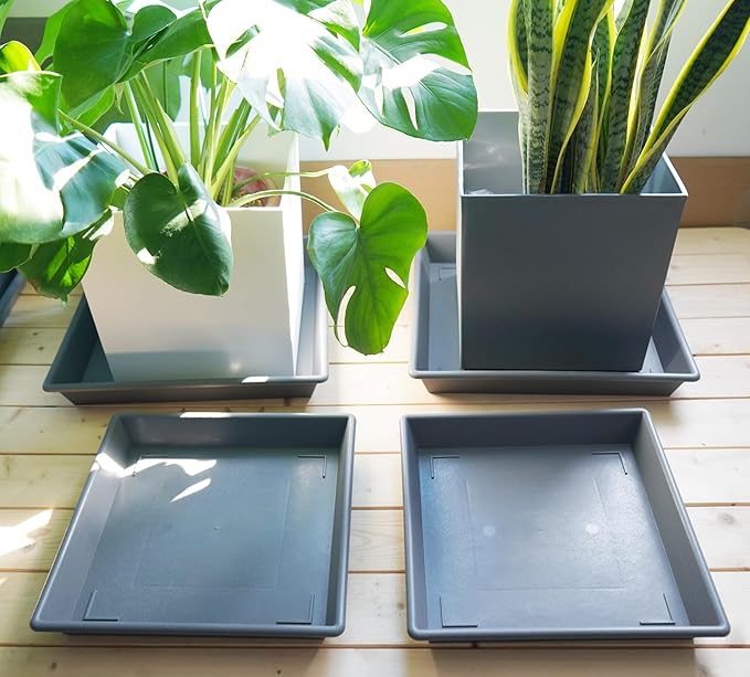 Square Plant Saucer 14 Inch 5 Pack，Plant Stand Plant Trays for Pots Heavy Duty Gray Plastic Plant Saucers for Indoors Outdoors, Flower Pot No Holes Plant Lover Gardening Gifts