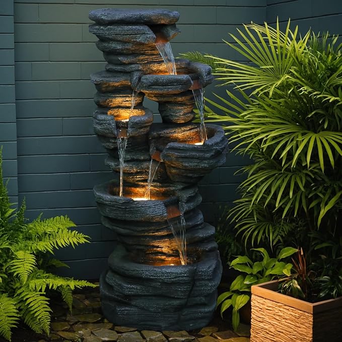 42.5" H Garden Outdoor Water Fountain with LED Lights & Pump, Mutiply-Tier Cascading Outdoor Fountain for Garden,Patio,Porch,Backyard,Home Art Decor